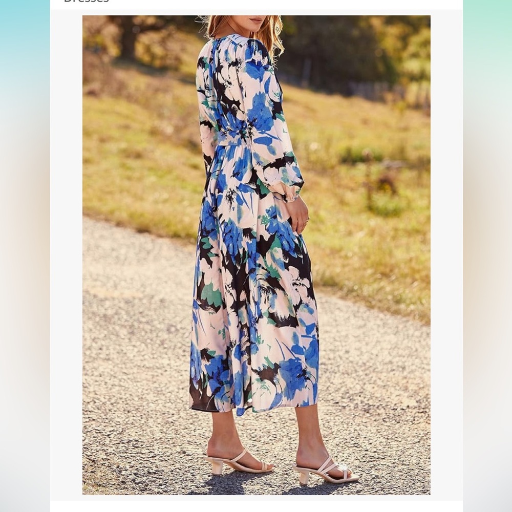 PrettyGarden Floral Blue cream Black watercolor vneck long sleeve XL Maxi Dress - Picture 16 of 16